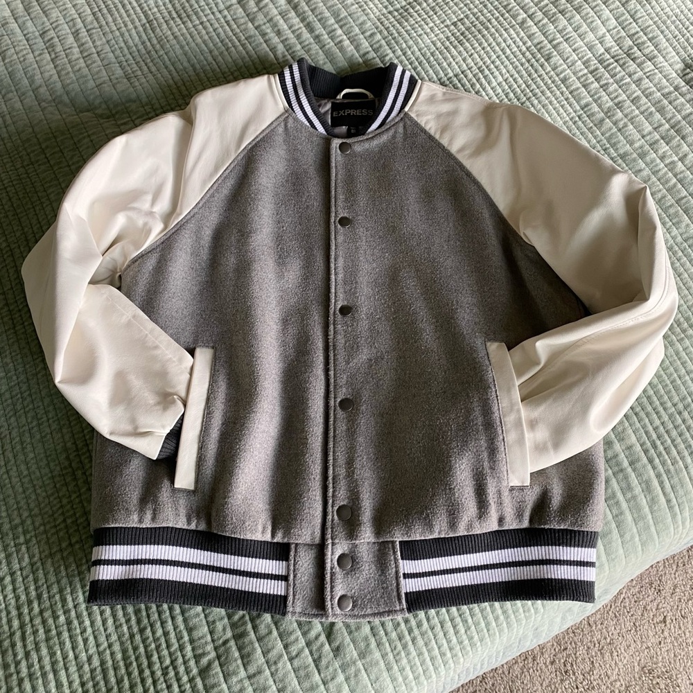 Express Varsity Jacket in Grey and White
